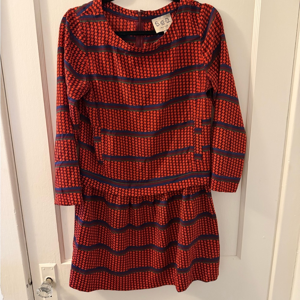 See By Chloe Red & Navy Houndstooth Stripe Kids Dress
